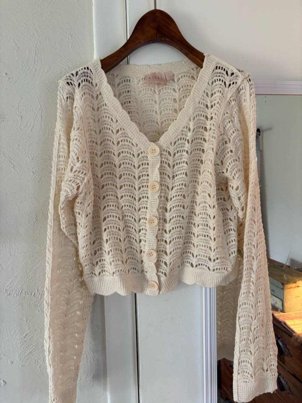 Good Luck Gem Cream Open-Knit Scalloped Button Front Cardigan